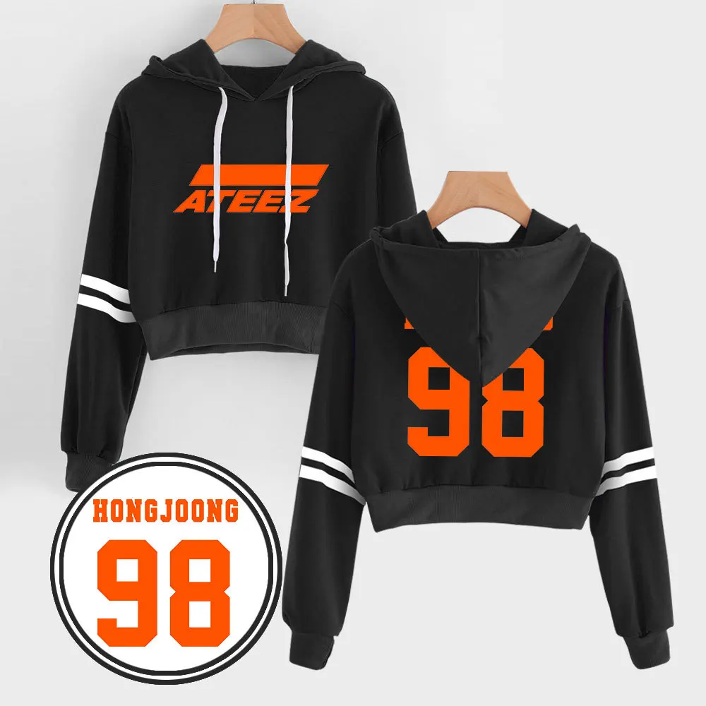 

New Korean Fashion Crop Top Hooded Sweatshirts Kpop Ateez Hoodie Pullover Tops Women Harajuku Striped Streetwear Hoody Hip Hop