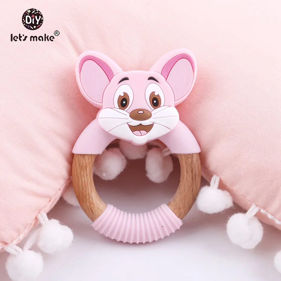 

Let's Make Beech Wooden Mouse Teether Rattle 10pc Food Grade Wooden Teether New Born Toy Children Training Toys Nursing Bracelet