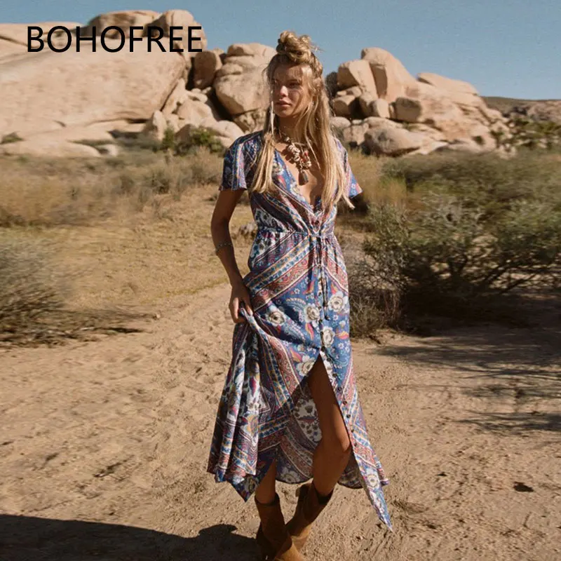 BOHOFREE винтажное платье макси с цветочным принтом народное племя Vestidos Mujer коротким