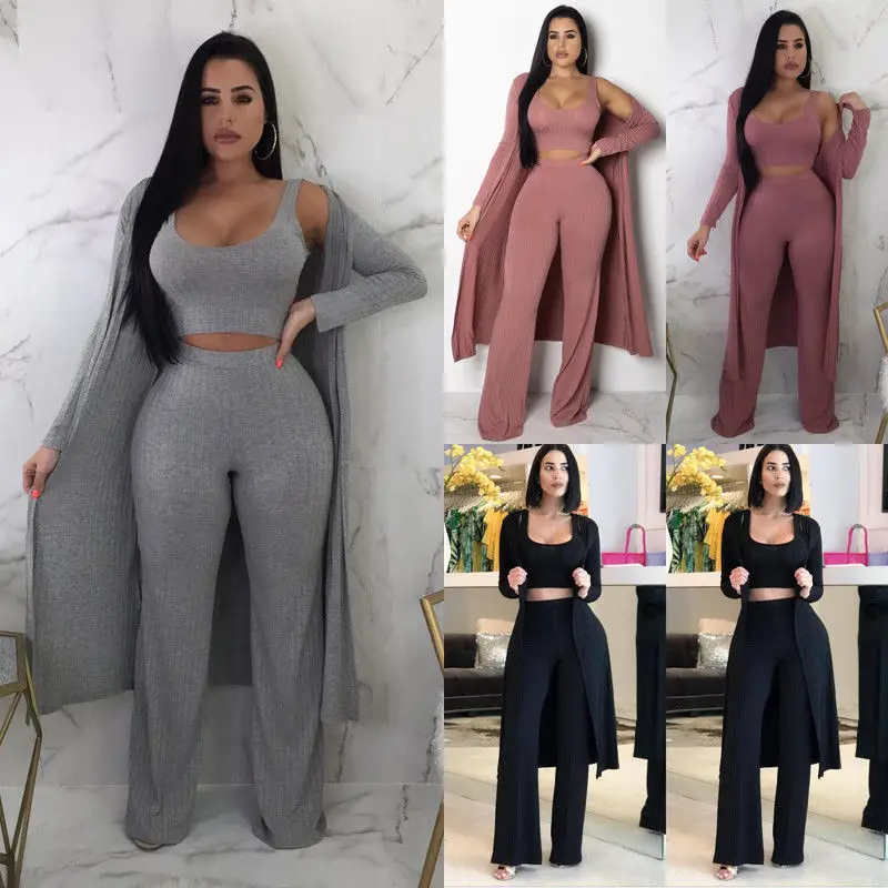 

Hirigin 3 Piece Set Women Autumn 2018 Women Sweater Set Tracksuit Crop Top Vest + High Waist Wide Leg Pants + Windbreaker Cloak
