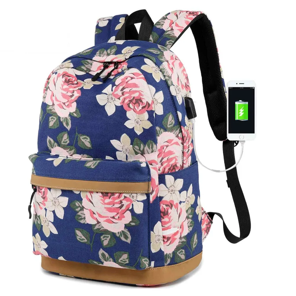 High Capacity Casual USB Flower Printing Backpack Women Trip Bookbags