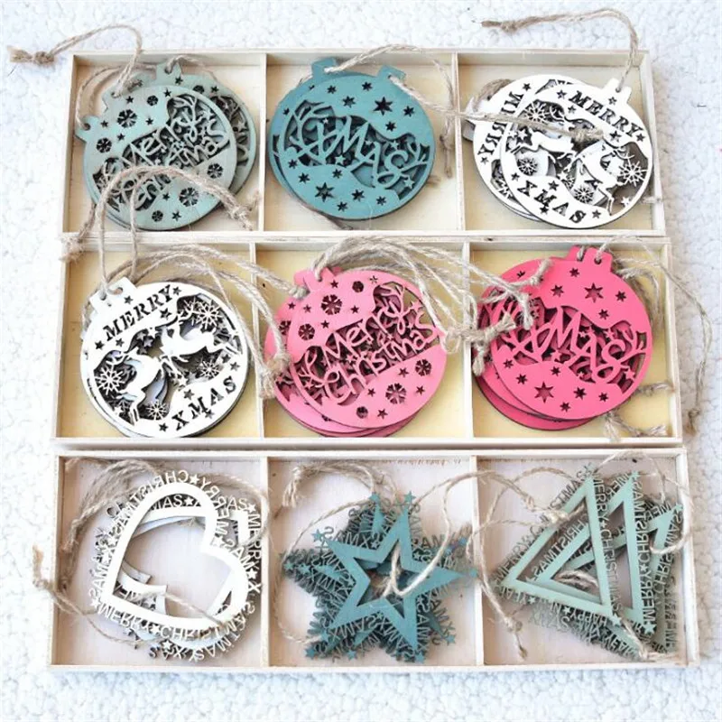 

12pcs/ Box Christmas Wooden Pendant Nordic Creative Laser Hollow Christmas Ball Snowflake Ornaments Christmas Gifts
