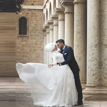 Arabia Muslim Wedding Dress with Long Sleeve Lace Vintage Modest Wedding Gowns with Hijab Custom Vestido Branco Vestido de Noiva