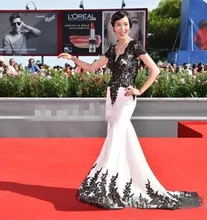 Schwarz und Weiß Lace Meerjungfrau-formale Abend-kleid 2016 Kurzen Ärmeln Vintage Vestido De Fiesta Appliques Langes Abschlussball-kleider