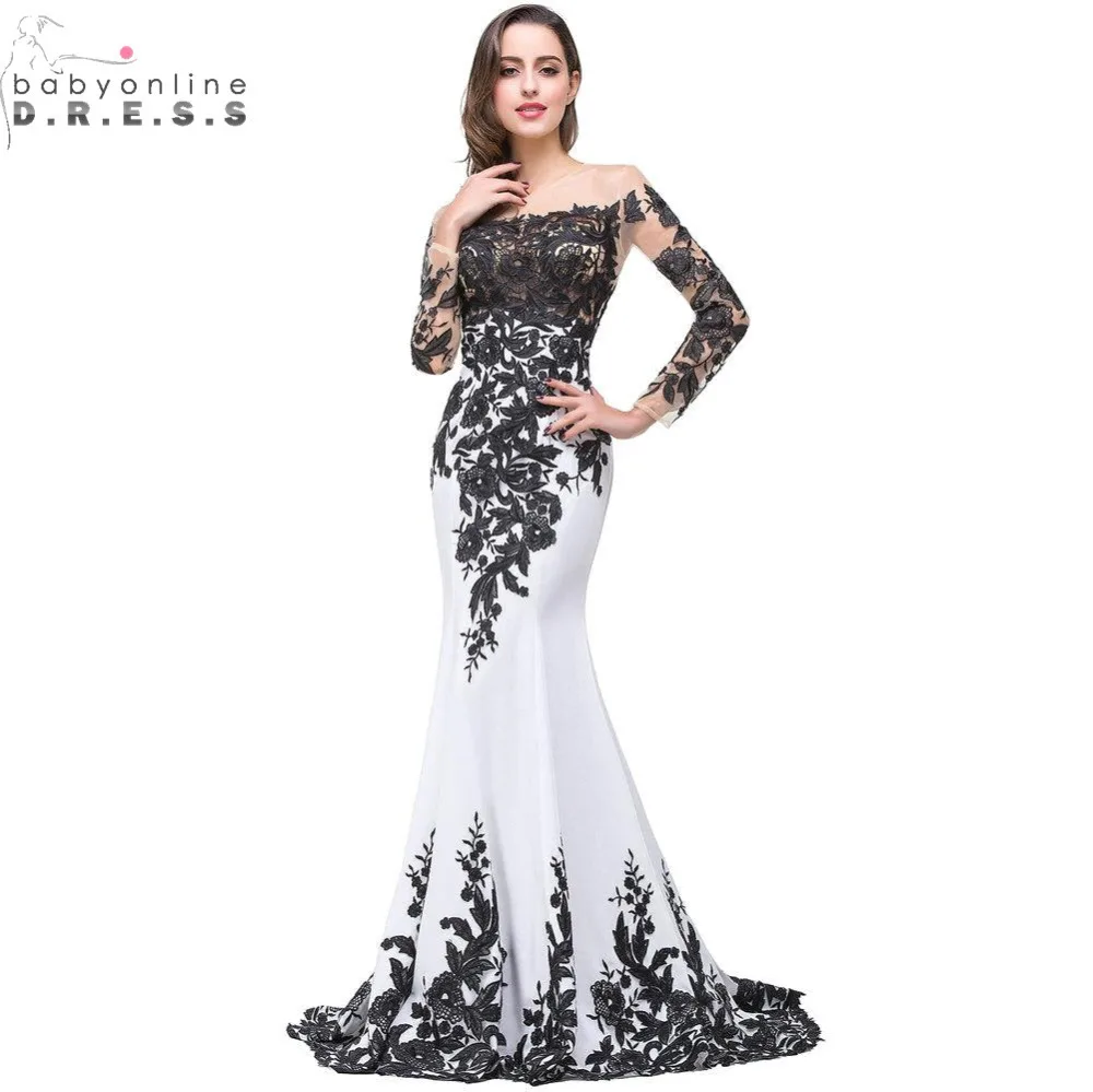

Babyonline Sexy Transparent Black Lace Mermaid White Prom Dresses Long Boat Neck Sleeveless Evening Party Dresses