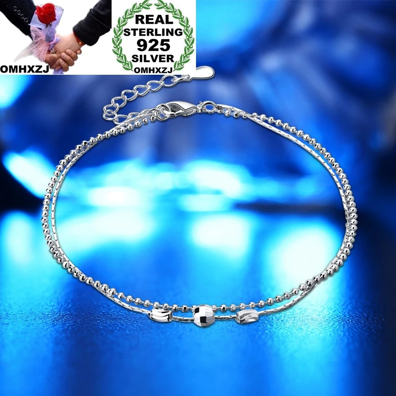 

OMHXZJ Wholesale European Fashion Woman Girl Party Birthday Wedding Gift Vintage Beads Two Lines 925 Sterling Silver Anklet JL10