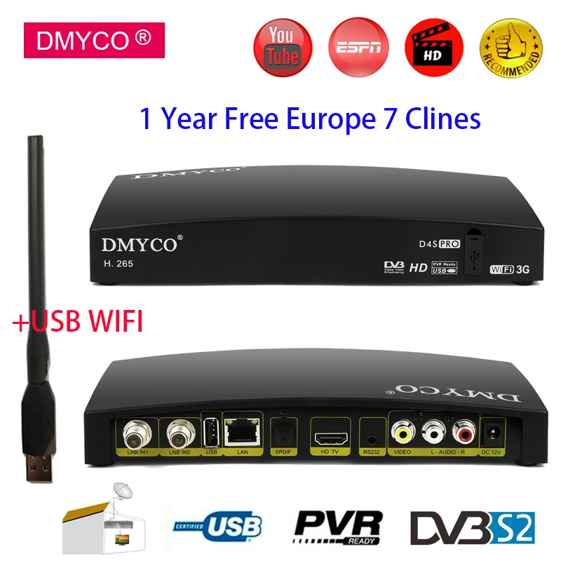 

[Genuine] DMYCO HD DVB-S2 Satellite Receiver D4S Pro AC3 LNB TV Tuner Support Power Vu Bisskey Newcamd Youtube Decoder+USB Wifi