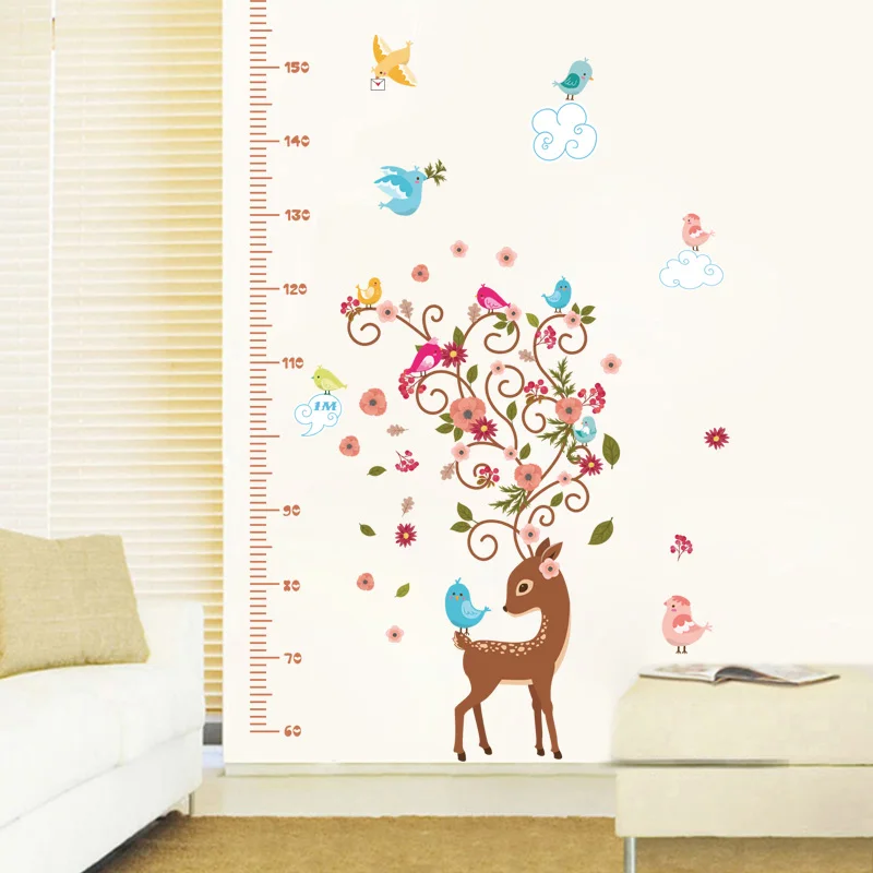 جميلة سيكا الغزلان الزهور الطيور ارتفاع نمو الطفل قياس ملصقات جدار غرفة الاطفال باب الشرفة خزانة ديكور diy الشارات