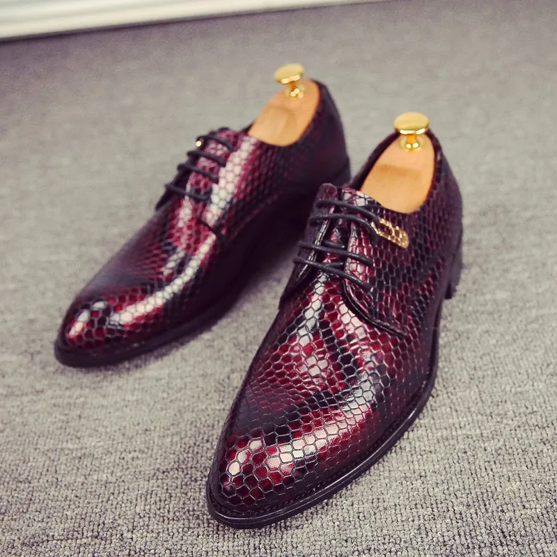 men footwear 2016 studs shoes luxury brand moccasins snake skin ballet flats glossy patent leather brogue oxford shoes for men (3)