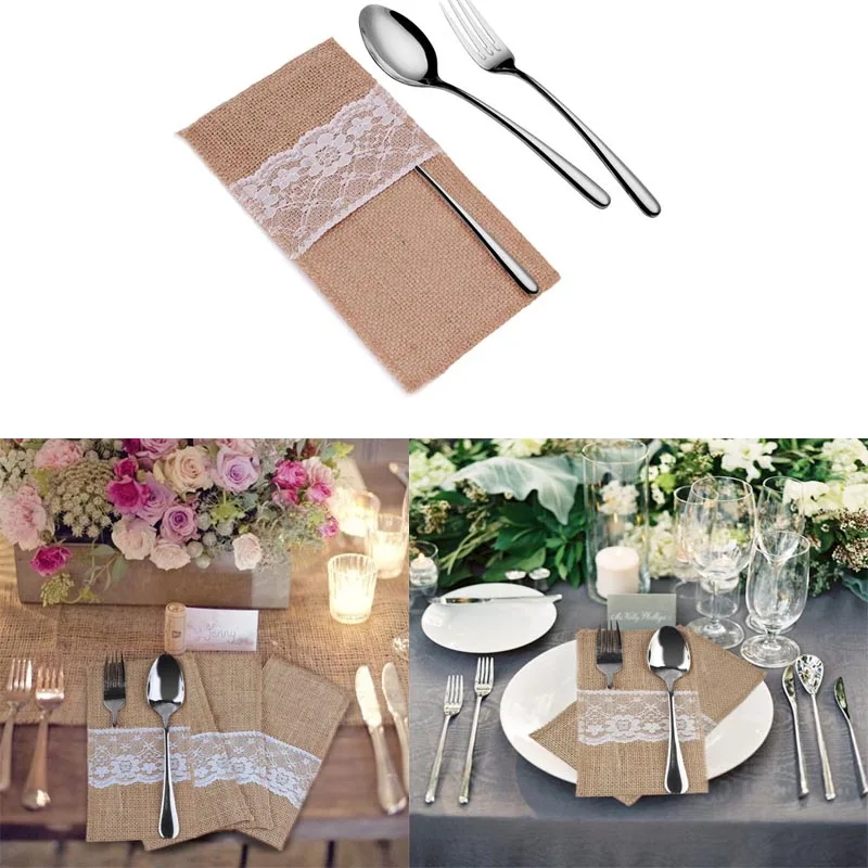 5 шт./лот карманы из натурального джута с кружевом свадебная посуда в