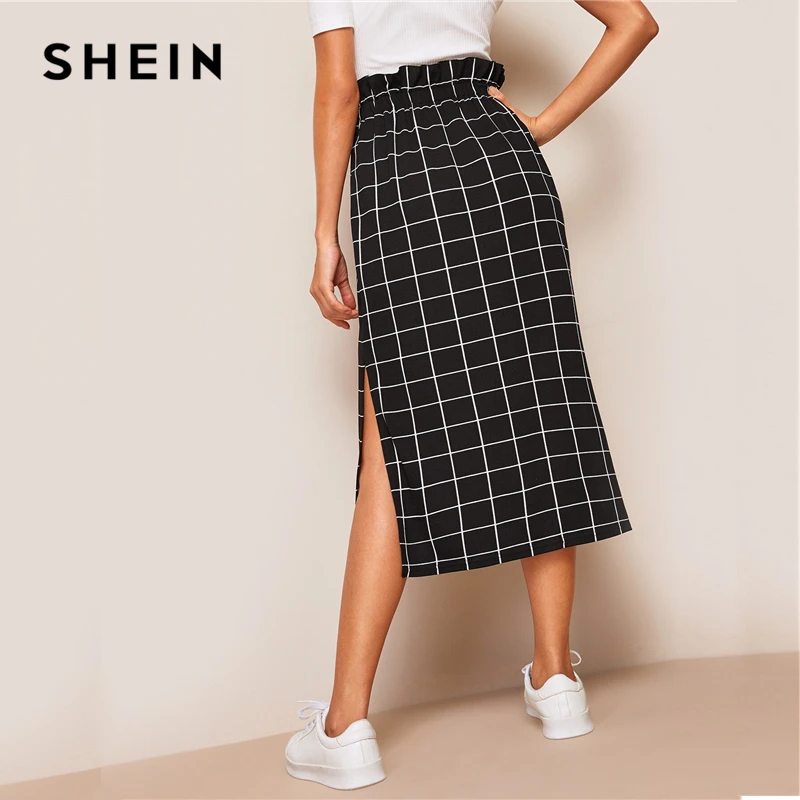 SHEIN модная повседневная женская юбка с разрезом на талии, с высокой талией, на завязках, летняя юбка, базовая черная клетчатая цельнокроеная юбка