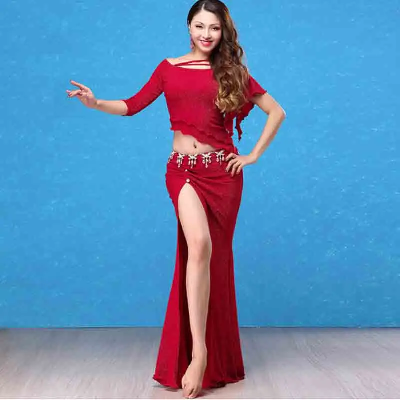 

Winter Girls Women Belly Dance Top Skirt 2pcs Set Performance Dancewear Lady Professional Oriental Indian Dance Sexy Split Cloth