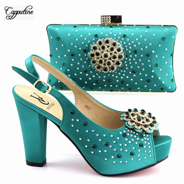 

Graceful water green high heel party shoes and evening bag set with stones for lady S637 heel height 11cm