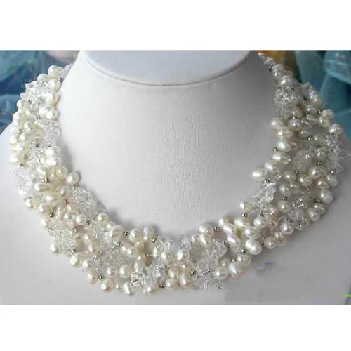 Charming Real Pearl Jewellery,5Rows White Crystal,Rice Freshwater Pearl Necklace,Handmade ,Perfect Women Wedding Gift Charming Real Pearl Jewellery,5Rows White Crystal,Rice Freshwater Pearl Necklace,Handmade ,Perfect Women Wedding Gift
