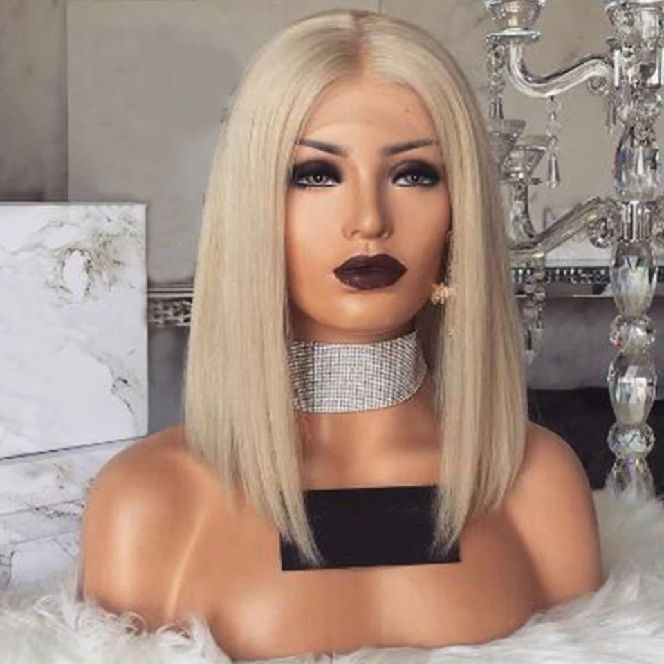 Simbeauty Platinum Blonde Bob Wig Peruvian Lace Front Human Hair