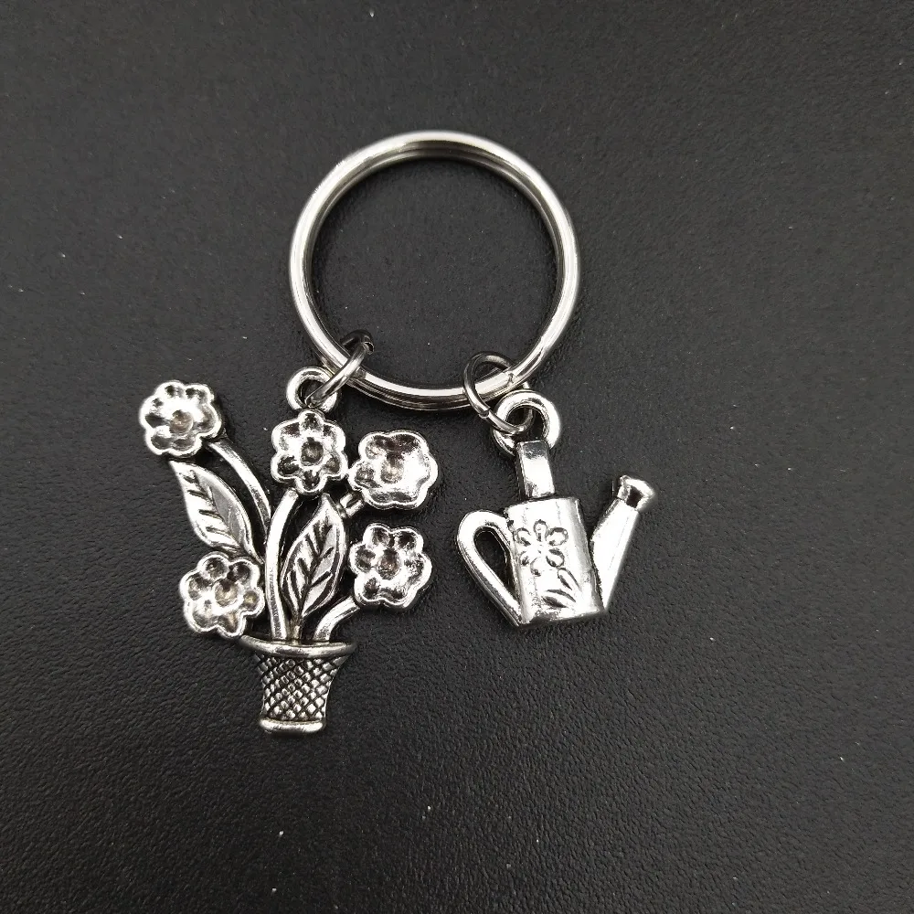 Flower and Watering Can Charm Garden Keychain Stainless Steel Metal