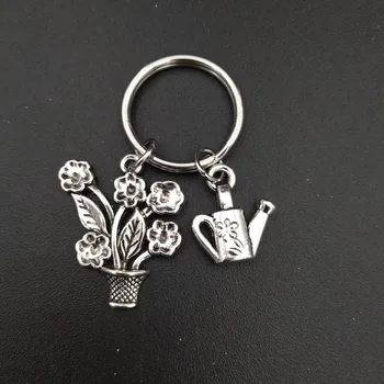 

Flower and Watering Can Charm Garden Keychain Stainless Steel Metal Keyring Fashion Women Jewlery Gifts