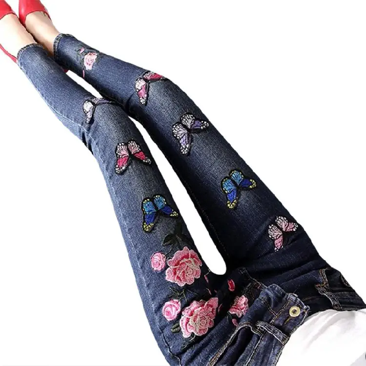 Модные джинсы для женщин с вышивкой бабочки, высокая талия, эластичные узкие джинсы, узкие брюки для девушек, женские джинсы размера плюс, Femme - Цвет: thin