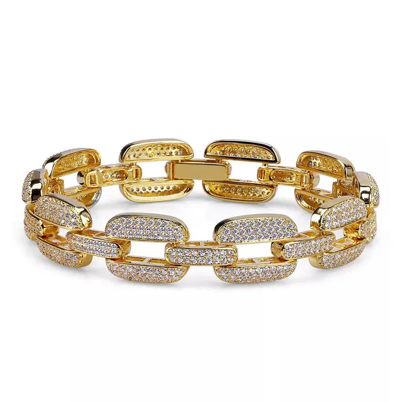 

Cuban Link Chain Gold Zircon cubic zirconia Copper Miami Iced Out CZ Hip Hop Men Bracelet Homme 2018 Bijoux With Box Clasp