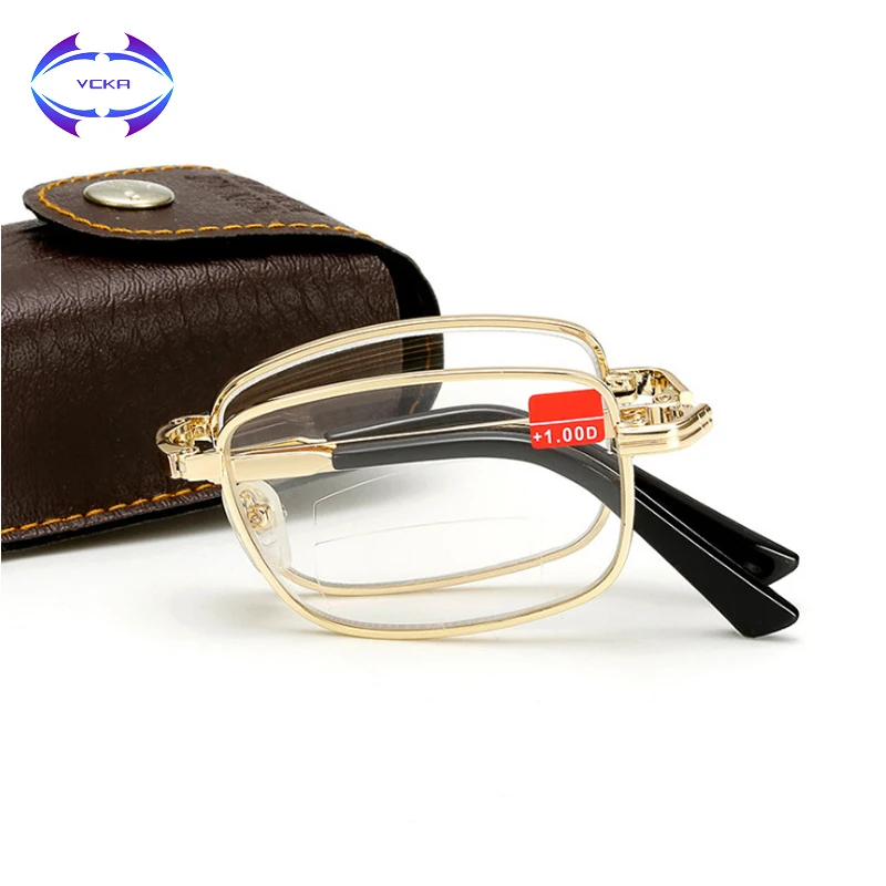 

VCKA Square Reading Glasses Men Women Folding Frame Gold Metal Eyewear With Box +1.00 1.50 2.00 2.50 3.00 3.50 4.00
