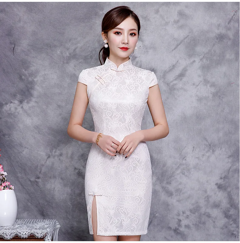 

Sexy Mini Cheongsam 2019 Summer Vintage Chinese style short Dress Fashion Womens Lace Qipao Slim Party Dresses Button Vestido