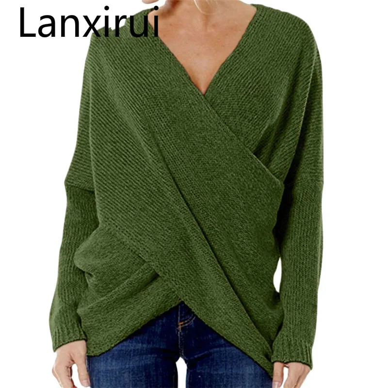 

Lanxirui 2018 Fashion Pullovers High Quality Women 'S Gray Criss Cross Wrap Front V Neck Long Sleeve Knit Sweater Jumper Oct