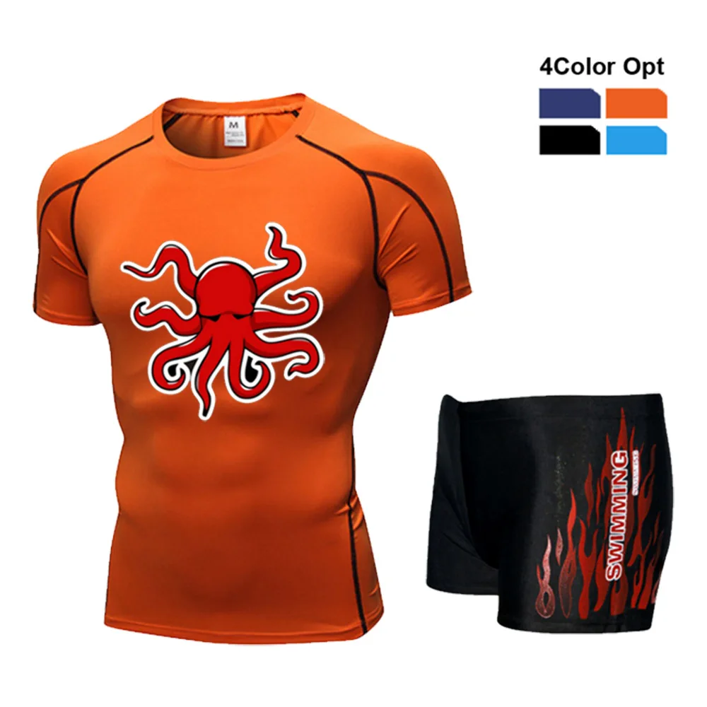 

Men Boy Swim Top T Shirt Trunks Boxers Shorts Swimwear Short Pants Suit Swimming Wear Short Sleeves Beach Spa Pool Set Octopus
