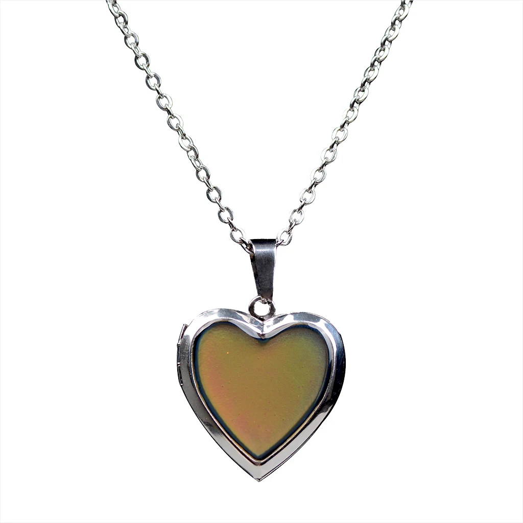 Stainless Steel Heart Mood Gem Photo Frame Change Color Emotion Feeling Pendant Necklace with Link Chain
