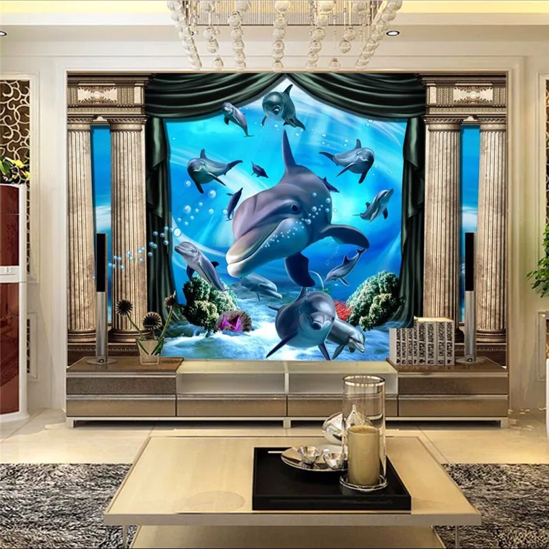 3d-wallpaper-mural-art-decor-picture-backdrop-Blue-Dolphin-submarine-Roman-hotel-restaurant-parlor-wall-painting