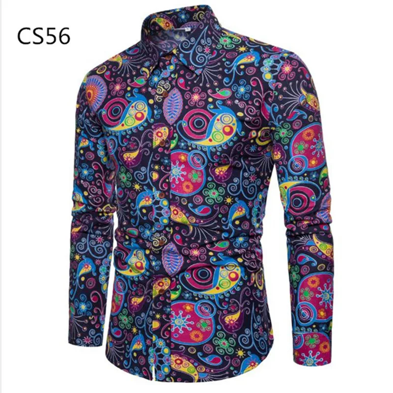 

2019 New Spring &Autumn Shirts Fashion Trend Folk Men Ethnic Flowers Printed Casual Hawaiian Long Sleeves Dress Shirts 4XL 5XL