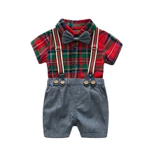 Клетчатая одежда для маленьких мальчиков г. Летний комплект одежды для новорожденных, хлопковая рубашка с короткими рукавами+ короткие штаны комплект одежды для младенцев красного цвета
