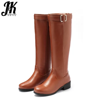 

JK Thick Low Heels Women Knee High Boots Round Toe Zip Footwear Pu Female Boot Riding Shoes Women Winter 2018 Black Plus Size 46