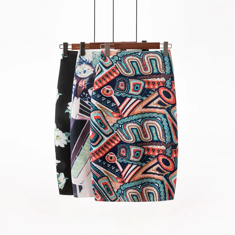 

IOLPR Women Skirts Digital printing Geometric flowers Pencil Skirt Summer Casual Skirts Fashion Plus Size Faldas Mujer Jupe