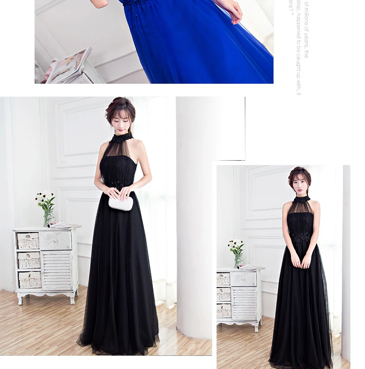 Floor Length Halter Dress Beaded Long Prom Dress Blue Champagne Sleeveless Evening Dress Appliques Lace Up Prom Dresses FD28