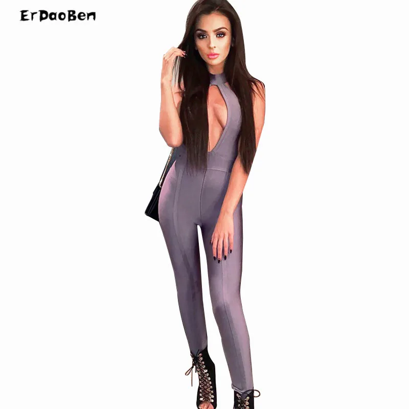 

Spring New Women Runway Bandage Jumpsuit V-neck Hollow Cross Celebrity Evening Party Bodysuit Bodycon Playsuits Vestidos DR825