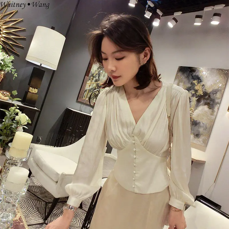 

WHITNEY WANG Blouses Woman 2019 Autumn Fashion Vintage Style V-neck Buttons Slim Blouse Women Blusas Office Lady Shirt Tops