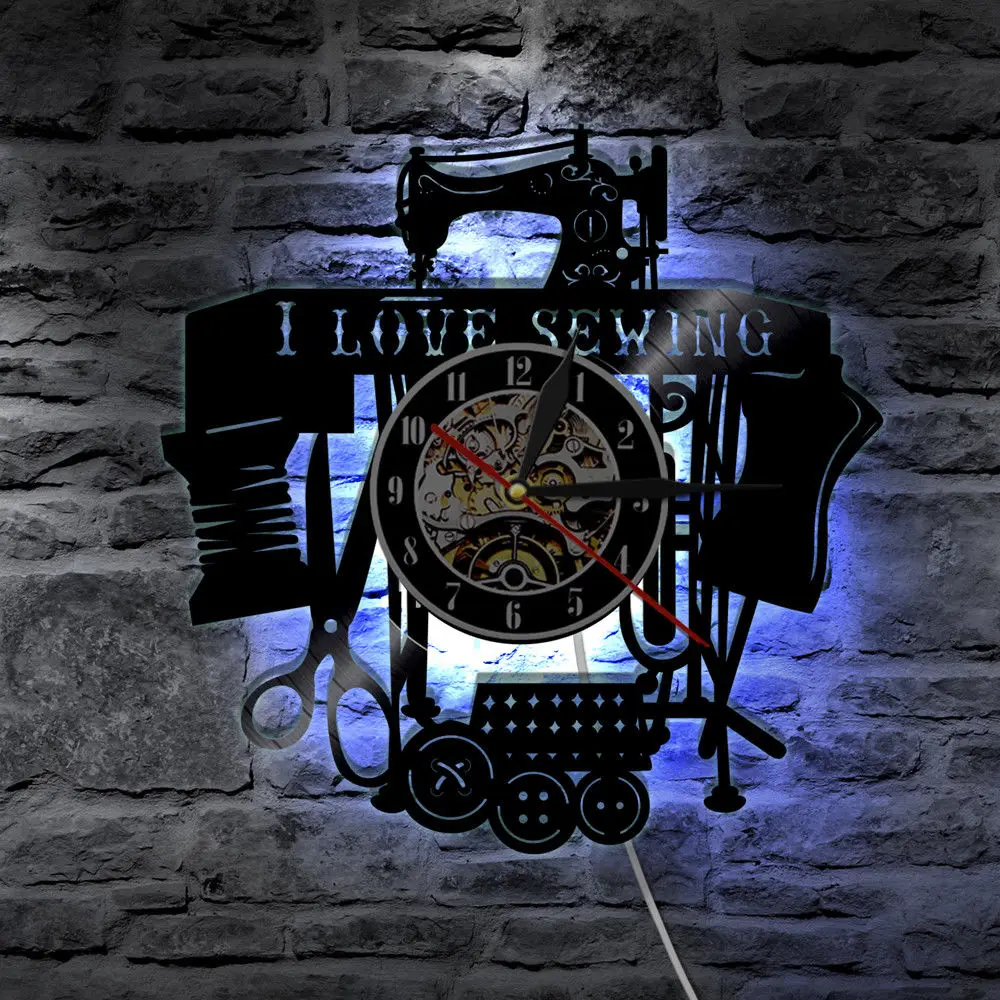 

Vinyl Record Wall Clock Modern Design I Love Sewing Theme Handwork 7 LED Color Change Clocks Wall Watch Home Decor 12 inch