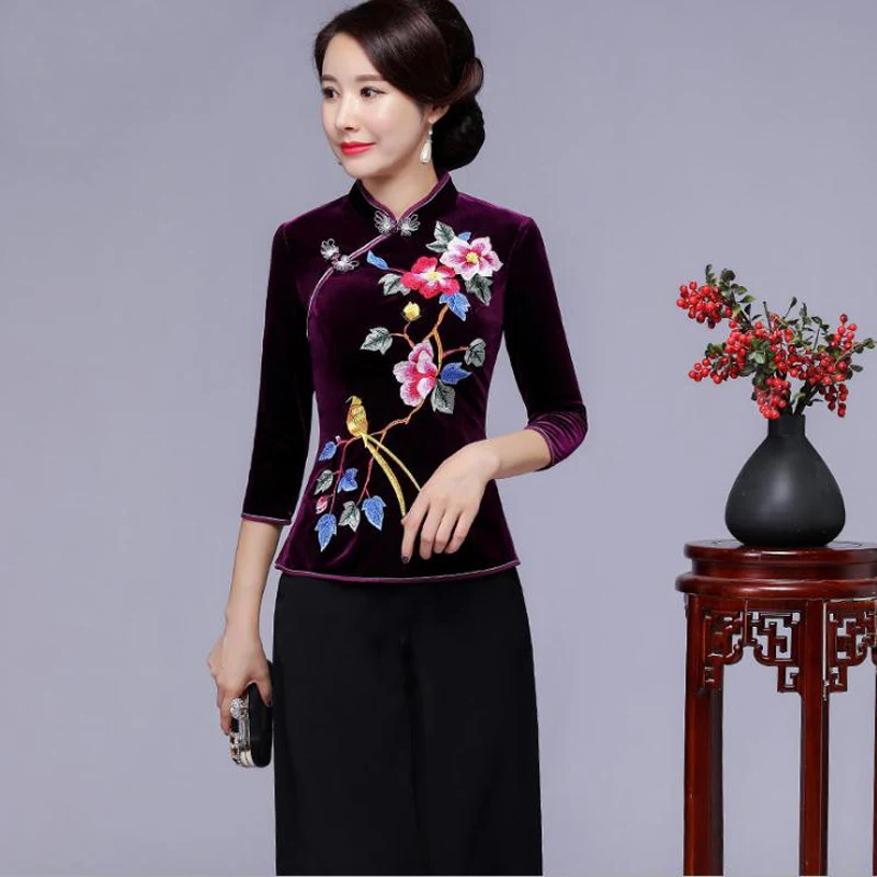 

Purple Female Embroider Flower Velour Blouse Traditional Chinese Autumn Shirt Vintage Three Quarter Sleeve Shirts Big Size 4XL