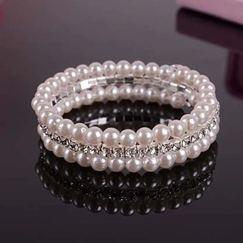 New Charming White 2 Rows Faux Pearls Bracelet Rhinestone Crystal