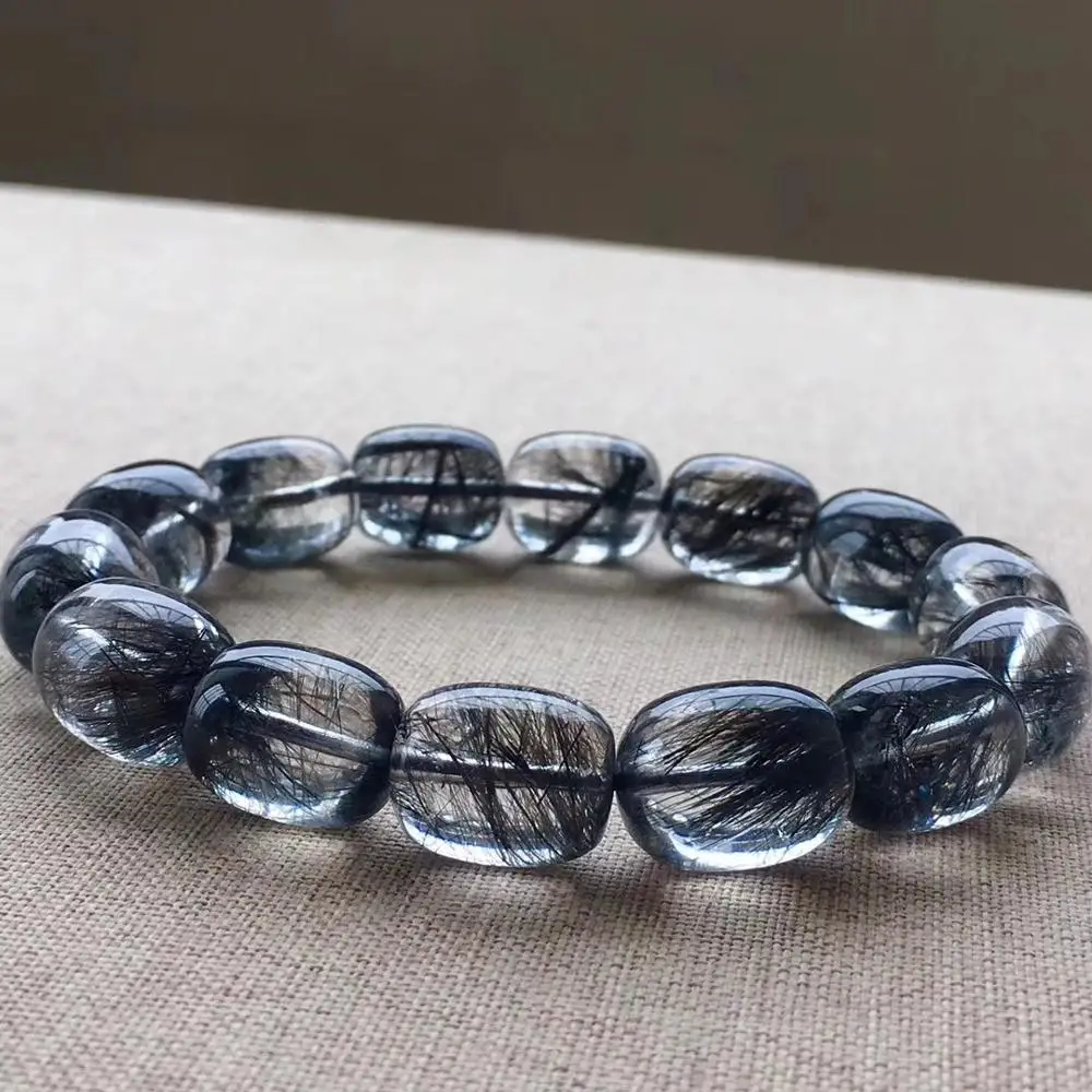 

Top Quality Natural Black Hair Rutilated Quartz Crystal Women Men 14x11mm Clear Barrel Beads Stone Bracelet From Brazil AAAAA