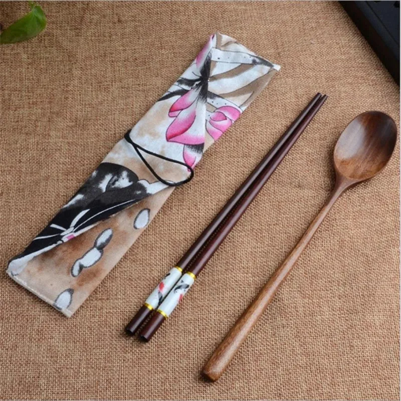 1 Набор, японские деревянные палочки для еды, ложка, посуда, набор из 2 предметов, для путешествий, уличная посуда для еды, винтажные деревянные палочки для еды, упаковка, сумка, набор
