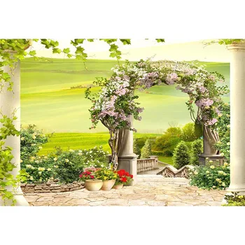 

Fairy Tale Photography Background White Stone Pillar With Coloueful Flowers Green Lawn Backdrop For Wedding Party Baby Shower