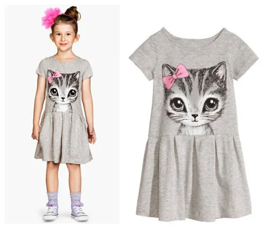 Girl bowtie Cat Print Dress Child dresses Summer new Knee-length Baby Cartoon Loose Short Sleeve Kids Girls Clothing | Детская одежда и