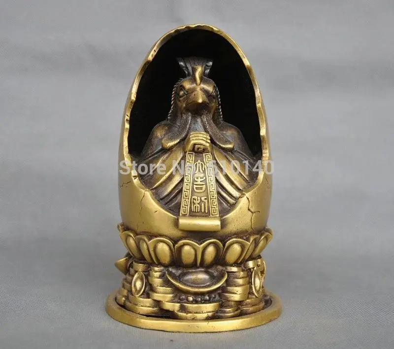 

8'' China Zodiac Chicken Rooster Inside Egg Bronze Statue