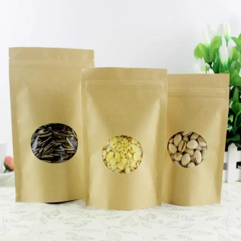 100pcs/lot Kraft Packing Bag With Zip Lock Round Window In Front Snacks Storage Package Paper Bags 19041201