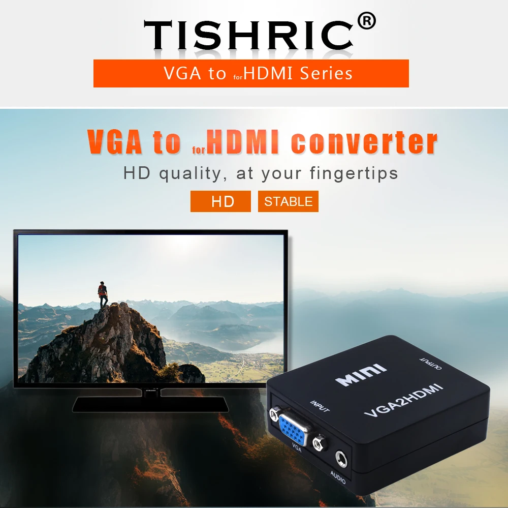 TISHRIC Mini VGA2HDMI VGA to HDMI Converter Box Adapter