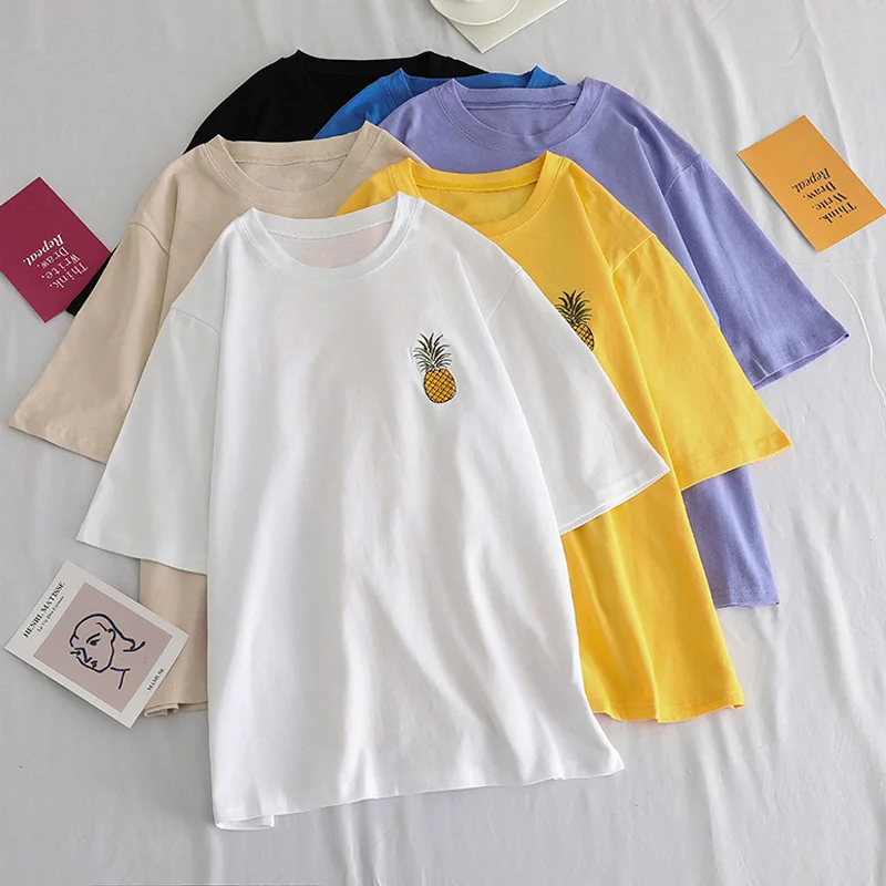تي شيرت النساء الأناناس التطريز المتناثرة الحلو الفتيات بسيطة كل مباراة Ulzzang T قميص الكورية الصيف جديد الأبيض المحملة قميص قمم