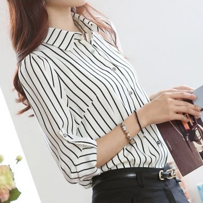 النساء مخطط طويل كم قميص بدوره إلى أسفل طوق فضفاض Blusas فام الخريف سقوط عارضة قمم مثير المحملة زائد حجم النساء مخطط طويل كم قميص بدوره إلى أسفل طوق فضفاض Blusas فام الخريف سقوط عارضة قمم مثير المحملة زائد حجم