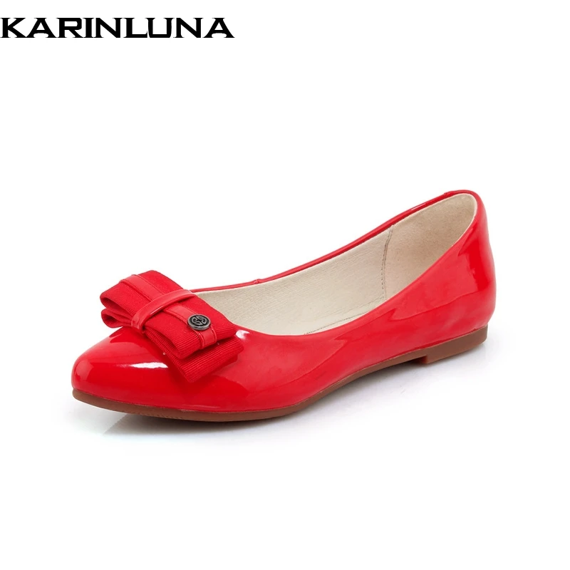 KarinLuna New women Patent Leather Flat Solid Shallow Bowtie Shoes Woman Casual Comfortable Sweet Flats Black Big Size 34-40