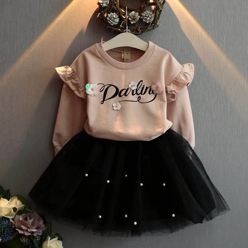 Toddler girl clothing new autumn girl clothes on flower printed letters and wool skirt pearl 2
